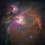 M42 (Messier 42), the Great Orion Nebula is a prolific star producing region with 700 known stars, 150 of which have protoplanetary disks. M43 is on the upper right. Hubble Image