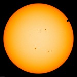 Visible light image of sun, with Venus transiting. The sun is a type yellow type G star approximately 4.5 billions years old with a life cycle of 10 billion years. NASA Image